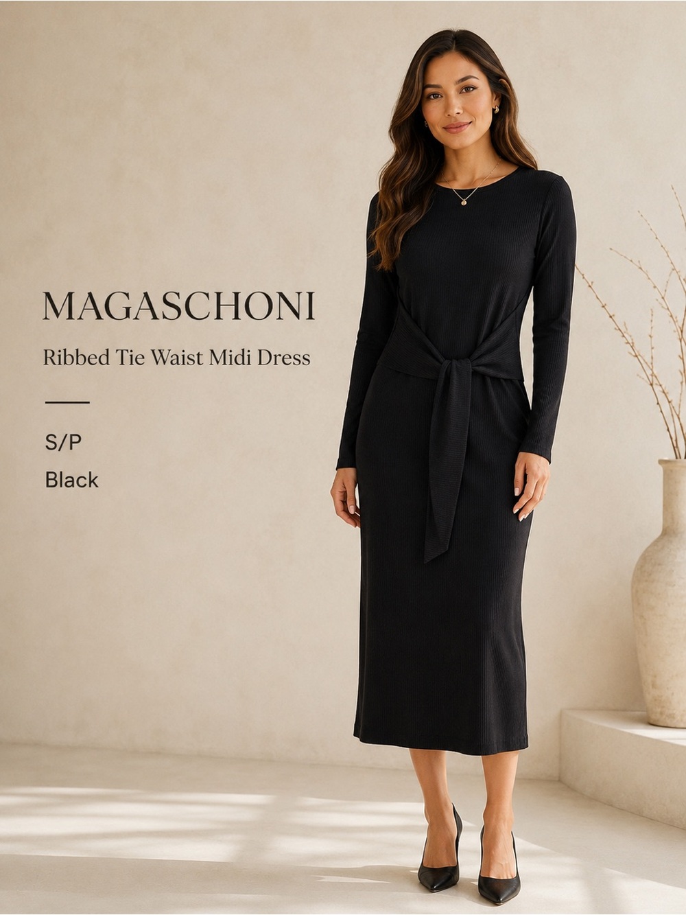 Magaschoni Black Ribbed Tie Waist Midi Dress